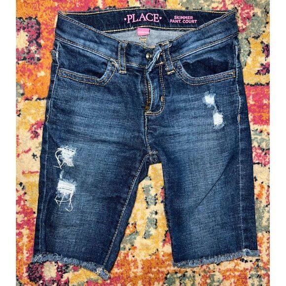 Girls Distressed Denim Skimmer Shorts - Sage Wash (5) - Picture 1 of 3